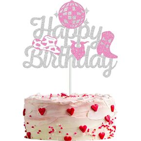 Silver Happy Birthday Cake Topper Birthday Party Cake Decorations for Women Hat Boot Western Themed Birthday Decor Party Supplies