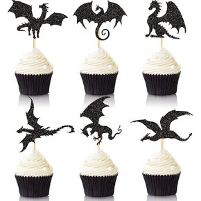 Gersoniel 36 Pieces Dragon Cupcake Toppers Black Glitter Cake Picks Cool Dinosaur Cupcake Topper for Dragon Themed Party Birthday Christmas Fantasy Themed Party Decoration, 6 Styles