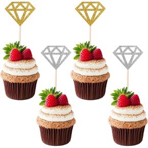 50 Pack Glitter Diamond Bridal Shower Cupcake Picks Diamond Cupcake Toppers Valentines Party Cake Decorations Supplies for Marriage Engagement Anniversary - Gold & Silver