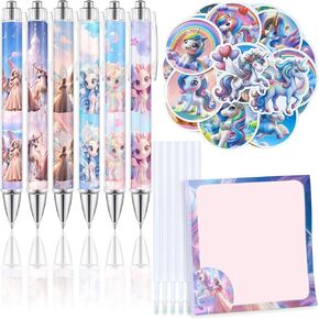 9 Pcs Cute Cartoon Ballpoint Pens Set–Kawaii Unicorn & Princess Ball Point Pen, 50 Stickers, Sticky Notes, Perfect Back-to-School Supplies Gift for Kids & Teens Easter Gift