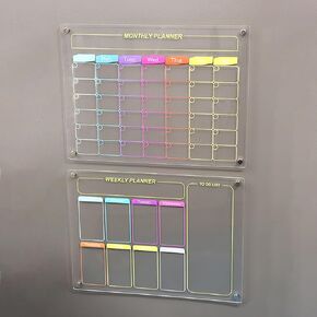 Acrylic Magnetic Monthly and Weekly Calendar for Fridge, Clear Set of 2 Dry Erase Board Calendar for Fridge Reusable Planner, Includes 8 Dry Erase Markers with 8 Colors(15.7"x11.8"Inches)