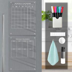 Isabella's House 2 Sets of Acrylic Calendar for Fridge, 16"" x 12"" Magnetic Dry Erase Board for Fridge, Magnetic Weekly Planner and Magnetic Monthly Calendar Includes 6 Accessories,, Transparent
