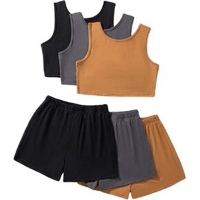 GORGLITTER Girl's 6 Piece cute Outfits Ribbed Knit scoop neck Sleeveless Tank Top and Shorts Set