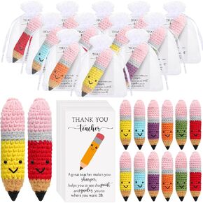 Poen 24 Sets Teacher Appreciation Gifts Crochet Knitted Pencils Thank You Teacher Card Set, 6 Colors Pencil Sign Gift Greeting Card and Drawstring Organza Bags for Teachers School Office