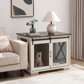 KEIKI 37" Farmhouse Dog Crate Furniture, Wooden Heavy Duty Dog Kennel with Sliding Barn Door, Decorative Dog Cage Crate End Table with Flip-top Plate & Detachable Divider for Small Medium Dogs, White