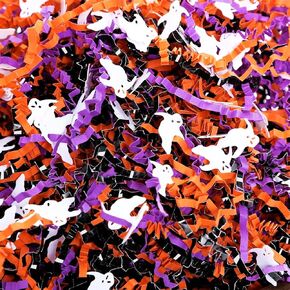 1LB Halloween Metallic Black Orange Purple Crinkle Cut Paper with Ghost Confetti, Trick or Treat Candy Gift Basket Box Shredded Paper Raffia Filler, Craft Bedding Cushion, Birthday Party