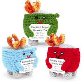3 Pcs Emotional Support Dumpster Fire Crochet Handmade Funny Knitting Toy with Positive Words,Dumpster Fire Desk Accessories Ornaments Gifts for Friends Birthday Graduation Christmas Valentines