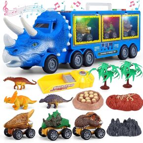 Kids-Friendly Dinosaur Toy Truck Set - Pull Back Dino Cars Playset with LED Lights & Sound Effects - Perfect for Boys & Girls Aged 3-8 Years Old (Blue)