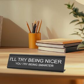 Funny Desk Sign for Office I'll Try Being Nicer Novelty Desk Sign Nameplate Sarcastic Snarky Gift Funny Office Decor Black Desk Plaque for Women Men Coworker Gift