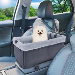 Dog Car Seat for Small Dogs, Center Console Dog Car Seat with Soft Cushion, Cat Car Seat with Double Protection Seat Belts, Metal Frame Pet Car Seat with Safety Leash & Storage Pocket, Black
