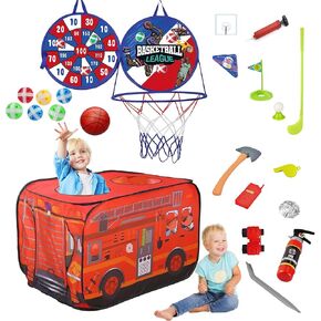 Pop Up Tents for Kids, Indoor Playhouse for Toddler with Golf, Dart, Basketball Hoop and Firefighting Playset, Camping Tent for Toddlers 1-3, Flat-Folding Fire Truck Play Tent