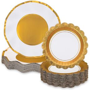 Gold and White Party Plates 100pk, Paper Plates with 50pk Dinner Plates & 50pk Dessert Plates - Disposable Plates Bulk Set Family Dinner Holiday Wedding Anniversary Birthday Party Dishware