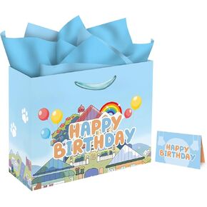 13" Large Cartoon Blue Dog House Gift Bag Set with Greeting Card and Tissue Papers, Blue Dog Theme Happy Birthday Gift Bags for Birthday Party Celebration.