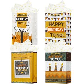 OFIHANLY 4 Pack 9" Small Size Happy Birthday Gift Bag with Handles for Women Men Kids Girls Boy Baby Party Yellow Glitter Paper Gift Wrap Bag with Tissue Paper