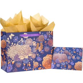 Loveinside Purple Gift Bag Foil Floral with Tissue Paper for Mother's day, Birthday, Valentine's Day, Wedding and More - 13" x 5" x 10", 1 Pcs
