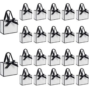 TKSBAG 50 PCS Small White Black Gift Bags with Handles, 6.4 * 3.1 * 5.1 Inch Thank You Bags with Bow Ribbon for Baby Shower, Bridal Shower, Wedding, Party Favors