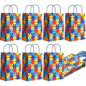 18 Pieces Autism Awareness Gift Bags Autism Ribbon Paper Bags with Handles for Women Men Kids Teens Party Supplies Blue Red Yellow Colorful Puzzle Kraft Bags, 6.3 x 3.1 x 8.6 Inch
