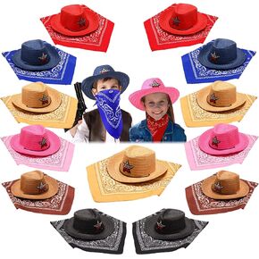 Yahenda 48 Pieces Kids Cowboy Hats Bulk Operation Christmas Straw Cowboy Party Hat with Multicolor Polyester Bandannas Children Western Costume Accessories for Kids Birthday Cosplay Party Supplies