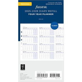 Filofax Calendar Diary Refill, Personal/Compact Size, Four-Year Vertical Planner, White Paper, English, 2025 (C68403-25)