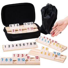 Rummy Cube Game for 6 Players – Portable Set with 160 Tiles, 6 Wooden Racks and Portable Case, Classic Family Travel Board Game for Fun on The Go