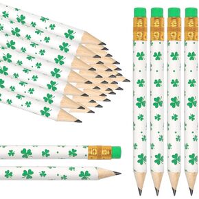 50Pcs St. Patrick's Day Pencil with Erasers White Green Clover Shamrock Short Writing Pencils Wood Half Pencils for Holiday School Office Stationery Supplies, 4 in