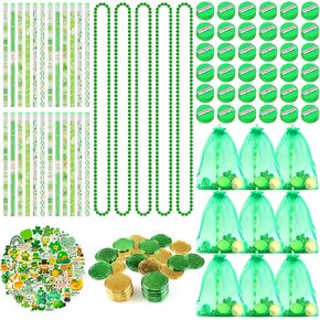 230 Pcs St. Patrick's Day Gift Set Wood Lead Pencils with Eraser Bulk Pencil Sharpeners Bead Necklaces Stickers Coin Toys Organza Bags for Classroom School St. Patrick's Party Favor