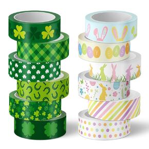 Whaline 12 Rolls St. Patrick's Day Easter Washi Tape Shamrock Clover Bunny Rabbit Decorative Masking Tape Holiday Wrapping Paper Tape for Scrapbook Journal DIY Art Crafts