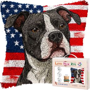 DIY Latch Hook Pillow Kits for Adults Cartoon Pitbull Dog with Flag Printed Pillowcase Crochet Yarns Hooking Handmade Pillow Cover Cushion for Home Sofa Decoration 17x17inch-1