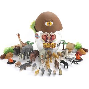 RECUR Wild Animal Figure Toys Set Lion Tiger Giraff Figurines - Super Egg Series, Toal of 45 PCS Includes 25 Animals and 20 Scene Accessories Age 3+