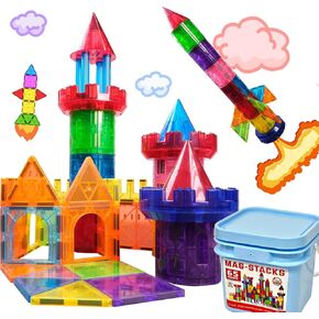 65pcs Realistic Castle topic Rocket-On magnetic tiles /w luxury Plastic storage box, Must have Supplement for magnetic blocks, Rare Gift for toddlers 3,4,5,6,8,CPSC Safety Certification Guarantee