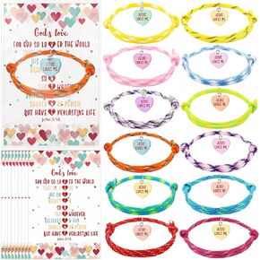 Quelay 48 Sets Religious Gifts Jesus Loves Me Heart Bracelets with John 3:16 Cards Bible Verse Cards Bulk Christian Woven Bracelets for Easter Party Favors Church Sunday