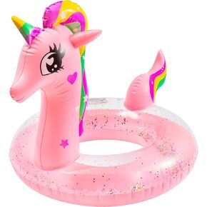 Zainpe Inflatable Unicorn Pool Float with Glitters Kids Inflation Swimming Ring Summer Outdoor Water Lounge Inflatable Raft Tube Fun Beach Floaties Vinyl Swim Floaty Pool Toys for Girls Boys Pink