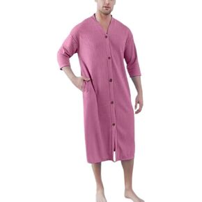 Men's Soft Robe Button Down House Coat Nightgown SummerV Neck Comfy 3/4 Sleeve Housecoat Sleep Shirt