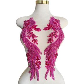 Handmade Rhinestones lace Appliques sew on Beads Trim Patches for Dress Clothing Accessories 1Pair/Bag 5.5X20.4inches (Rose red)