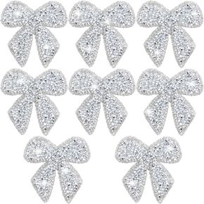 8 Pcs Silver Bow Rhinestone Patches, Glitter Crystal Bowknot Iron on Embroidered Appliques Valentines Wedding Decoration for Bags Hats Shoes Jeans Jackets Backpacks Clothing Crafts