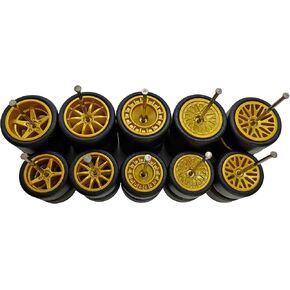 5 Set 1/64 Wheels Small Front and Large Rear 1/64 Wheels and Tires Set with 5 Styles Wheels and Removable Rubber Tires Suitable for Modification of 1 64 Scale Cars with Narrow Chassis (Gold)
