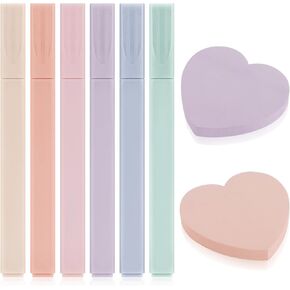 Aesthetic Highlighters - 6 Pcs No Bleed Chisel Tip Pastel Highlighters with 2 Pads Heart Sticky Notes Assorted Colors for Bibles, Journaling, Note Taking, To Do List, School Office Supplies