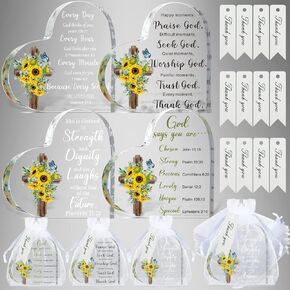 12 Set Acrylic Christian Gifts Inspirational Bible Verse Gifts Set Include 12 Sunflower Heart Paperweight 12 Organza Bags 12 Thank You Cards Scripture Religious for Women Men Christmas