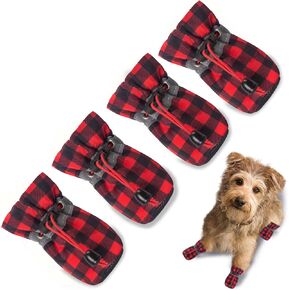 Dog Shoes Dog Boots & Paw Protector, Anti-Slip Sole Winter Dog Booties with Reflective Straps Dog Snow Boots for Small Medium Dogs 4PCS Black & Red 6