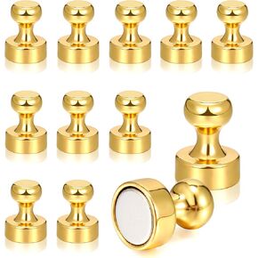 Fantecy 12 Pieces Magnetic Push Pins Magnetic Thumb Tacks Pins Refrigerator Magnets for Kitchen and Office, Whiteboard Magnets, Map Magnets (Gold)