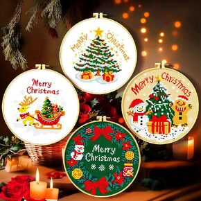 Zhenqing 11 Count Stamped Cross Stitch Kits for Adults Beginners, Hand Embroidery Christmas Ornaments kit with Instructions Embroidery Hoops-Christmas Four-Piece Set(68447)
