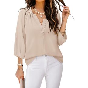 Womens Blouses Dressy Casual V Neck 3/4 Sleeve Tops Fashion Boho Chiffon Button Down Shirts
