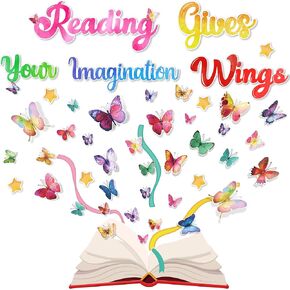 66Pcs Reading Bulletin Board Decorations, Reading Gives Your Imagination Wings Bulletin Board Sets for Spring, 3D Butterfly Paper Cutouts for Classroom, Back to School Party Supplies
