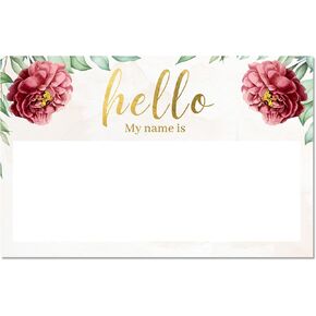 Hello My Name is Stickers Name Tags | Gold Foil | Perforated 2.25 x 3.5 Inch Name Tag Stickers | Red Floral Theme |100pcs Name Stickers Name Badge for Wedding, Party, Bridal Shower and Baby Shower