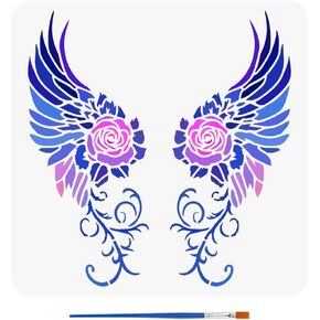 FINGERINSPIRE Wings Painting Stencil with Brush 11.8x11.8inch Roses Painting Stencil Reusable DIY Art Craft Template Branches Painting Template for Home Wall Tile Floor Furniture Decorate