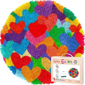 Latch Hook Rug Kit Rainbow Heart-Shapes Stamped Handmade Round Shape Carpet Crochet Yarn Craft DIY Hook and Latch Door Mat Tapestry Christmas Home Floor Decor 20x20in-5