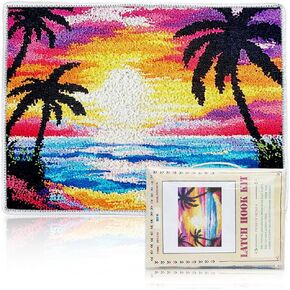 ORIGACH Sunset by The Beach Latch Hook Rug Kit for Adults Printed Rug Making Kit Handmade Carpet Tapestry Cover with Hook Latch and Preprinted Canvas, Home Arts Crafts Sofa Decor, 20.5x15inch