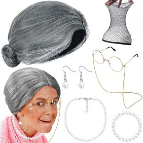 100th Day of School Costume 7pcs Old Lady Cosplay for Kids Grandma Wig Cap Madea Granny Glasses Eyeglass Chains Cords Faux Pearl Bead Necklace Bracelet Earrings Cosplay Set