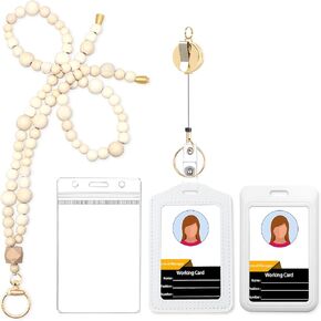 Wood Beaded Lanyards for Id Badges Set,Boho Teacher Lanyard for Keys & Keychain with Metal Retractable Badge Reel Holder with Clip,Breakaway Lanyards for Women Gift. (White Large Beads)