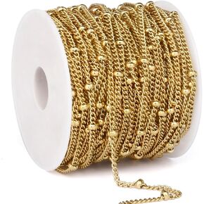33 Feet Gold Satellite Curb Chain Roll, 2mm 18K Gold PVD Plated 304 Stainless Steel Ball Beaded Twisted Link Chains Spool Bulk for Jewelry Making DIY Craft